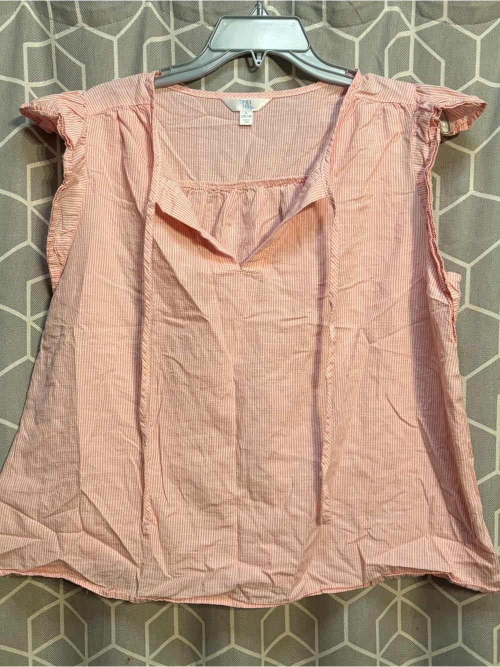 Time and Tru Light Pink Striped Tie-Neck Ruffle Sleeve Blouse